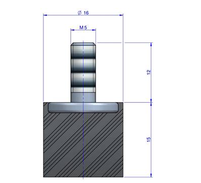 Butée Simple Type Mâle Ø16X15 mm - Vis M5 - 55 Shore