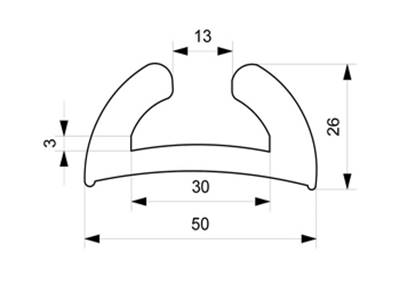 Profile REF ACF00394N-Liston Largeur 50 mm-EPDM Noir -70 Shores A+/-5