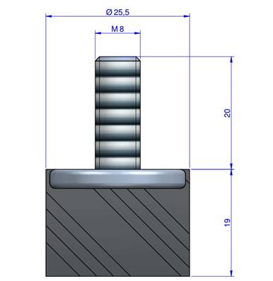 Butée Simple Type Mâle Ø25.5X19 mm - Vis M8x20 - 55 Shore